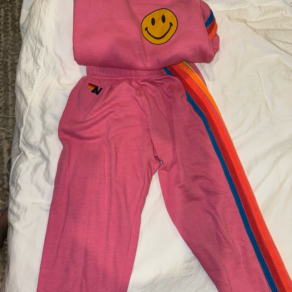 Women’s Aviator Nation neon pink with 5 stripes sweatpants in XS.